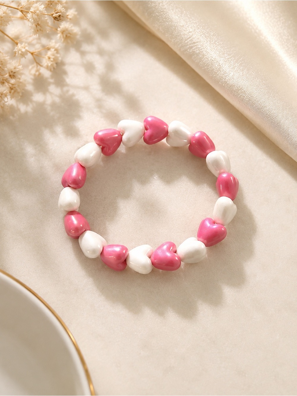 Pink & White Heart Bead Stretch Bracelet - Women Jewelry